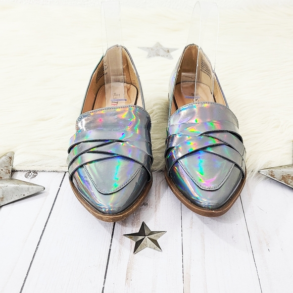 SOLD JustFab Raia holographic loafers rainbow silver 7 - Picture 2 of 8